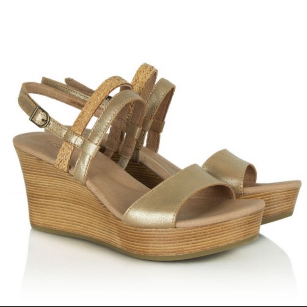 Ugg Lira Gold leather wooden wedge platform sandal